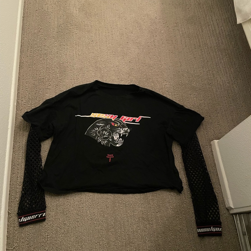 Panther T-shirt with black connected fishnet sleeves